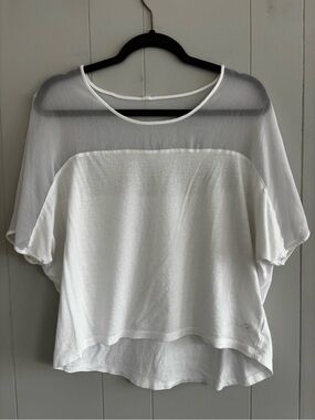 White Short Sleeve Mixed-Media Top with Sheer Yoke, Size Small